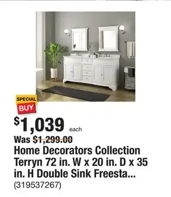 The Home Depot Home decorators collection terryn 72 in. w x 20 in. d x 35 in. h double sink freestanding bath vanity in white with white eng offer