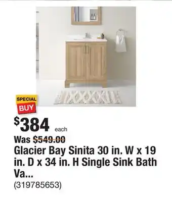 The Home Depot Glacier bay sinita 30 in. w x 19 in. d x 34 in. h single sink bath vanity in natural oak with white engineered stone top offer