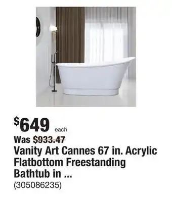 The Home Depot Vanity art cannes 67 in. acrylic flatbottom freestanding bathtub in white offer