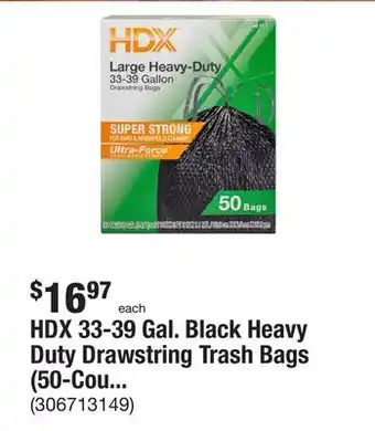 The Home Depot Hdx 33-39 gal. black heavy duty drawstring trash bags (50-count) - for outdoor and yard waste offer