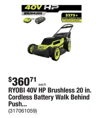 The Home Depot Ryobi 40v hp brushless 20 in. cordless battery walk behind push mower with 6.0 ah battery and charger offer