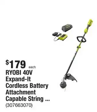 The Home Depot Ryobi 40v expand-it cordless battery attachment capable string trimmer with 4.0 ah battery and charger offer