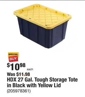 The Home Depot Hdx 27 gal. tough storage tote in black with yellow lid offer