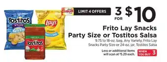 ShopRite Frito lay snacks party size or tostitos salsa offer