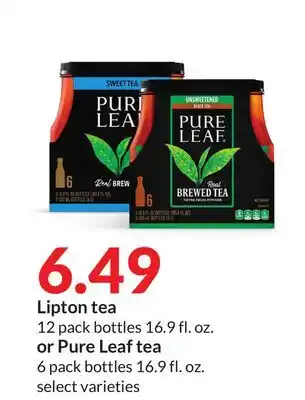 Hy-Vee Lipton tea 12 pack bottles 16.9 fl. oz. or pure leaf tea 6 pack bottles 16.9 fl. oz offer