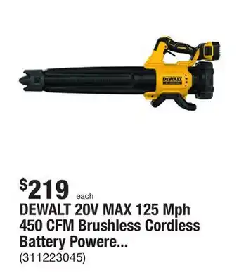 The Home Depot Dewalt 20v max 125 mph 450 cfm brushless cordless battery powered handheld leaf blower with (1) 5ah battery & charger offer