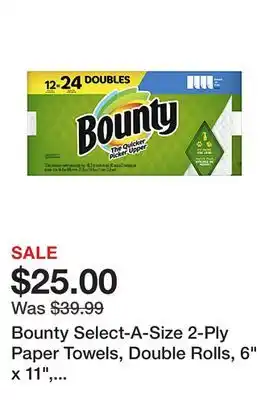 Office Depot Bounty select-a-size 2-ply paper towels, double rolls, 6 x 11, white, 90 sheets per roll, pack of 12 rolls offer