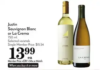 Pavilions Justin sauvignon blanc or la crema offer