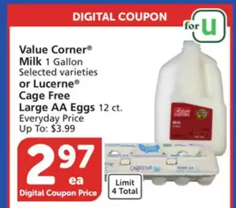 Vons Value corner milk 1 gallon selected varieties or lucerne cage free large aa eggs 12 ct offer