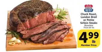 Vons Chuck roast, london broil or petite sirloin steaks offer