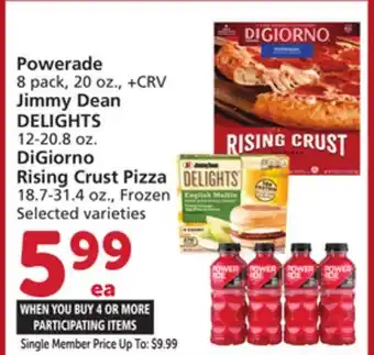 Albertsons Powerade 8 pack, 20 oz., + crv jimmy dean delights 12-20.8 oz. digiorno rising crust pizza 18.7-31.4 oz offer