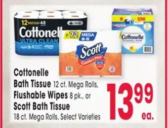 Jewel-Osco Cottonelle bath tissue 12 ct. mega rolls, flushable wipes 8 pk., or scott bath tissue 18 ct. mega rolls offer