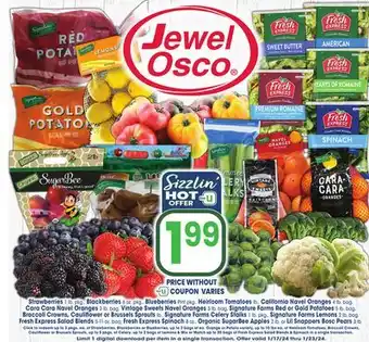 Jewel-Osco Strawberries 1 lb. pkg., blackberries 6 oz. pkg., blueberries pint pkg., heirloom tomatoes lb., california navel oranges 4 lb offer