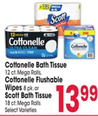 Jewel-Osco Cottonelle bath tissue 12 ct. mega rolls, cottonelle flushable wipes 8 pk. or scott bath tissue 18 ct. mega rolls offer