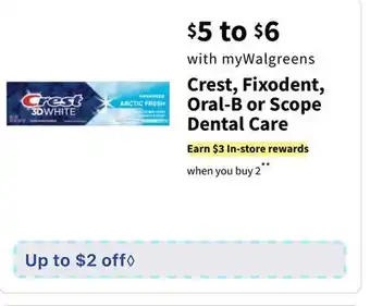 Walgreens Crest, fixodent, oral-b or scope dental care offer