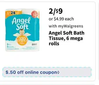 Walgreens Angel soft bath tissue, 6 mega rolls offer