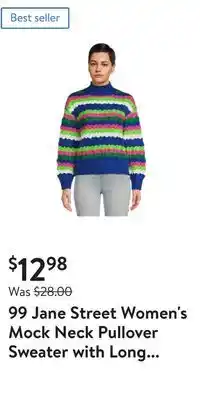 Walmart 99 jane street women's mock neck pullover sweater with long sleeves, midweight, sizes xs-xxxl offer