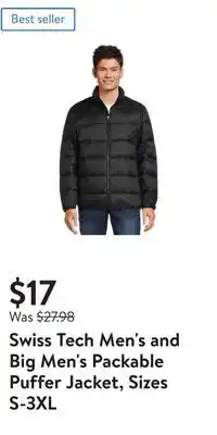 Walmart Swiss tech men's and big men's packable puffer jacket, sizes s-3xl offer