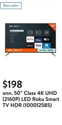 Walmart Onn. 50 class 4k uhd (2160p) led roku smart tv hdr (100012585) offer