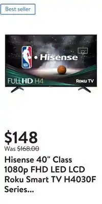 Walmart Hisense 40 class 1080p fhd led lcd roku smart tv h4030f series (40h4030f1) offer