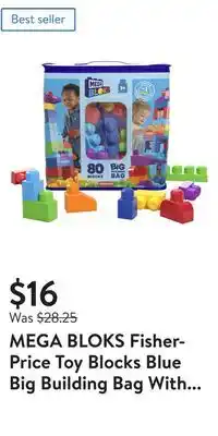 Walmart Mega bloks fisher-price toy blocks blue big building bag with storage (80 pieces) for toddler offer