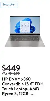 Walmart Hp envy x360 convertible 15.6 fdh touch laptop, amd ryzen 5, 12gb, 256gb, windows 11, 15-ey1077wm offer