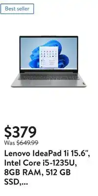 Walmart Lenovo ideapad 1i 15.6, intel core i5-1235u, 8gb ram, 512 gb ssd, cloud grey, windows 11 in s mode, 82qd00cjus offer
