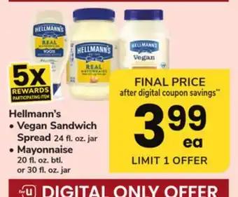 ACME Hellmann's vegan sandwich spread 24 fl. oz. jar, mayonnaise 20 fl. oz. btl. or 30 fl. oz. jar offer