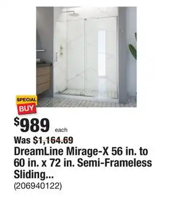 The Home Depot Dreamline mirage-x 56 in. to 60 in. x 72 in. semi-frameless sliding shower door in brushed nickel with clear glass offer