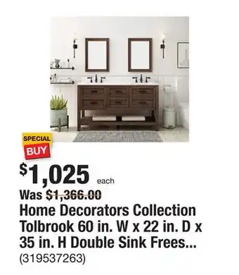 The Home Depot Home decorators collection tolbrook 60 in. w x 22 in. d x 35 in. h double sink freestanding bath vanity in brown oak w/ white offer