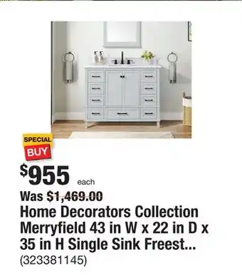 The Home Depot Home decorators collection merryfield 43 in w x 22 in d x 35 in h single sink freestanding bath vanity in dove grey with whit offer