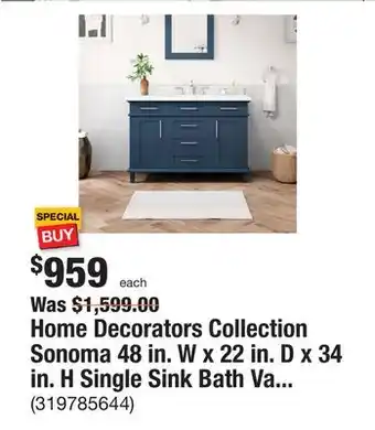 The Home Depot Home decorators collection sonoma 48 in. w x 22 in. d x 34 in. h single sink bath vanity in midnight blue with carrara marble offer