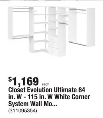The Home Depot Closet evolution ultimate 84 in. w - 115 in. w white corner system wall mount 18-shelf wood closet system offer