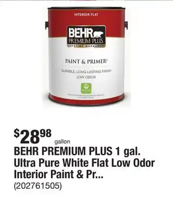 The Home Depot Behr premium plus 1 gal. ultra pure white flat low odor interior paint & primer offer