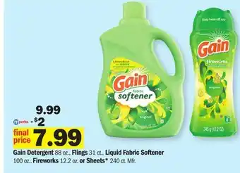 Meijer Gain detergent 88 oz., flings 31 ct., liquid fabric softener 100 oz., fireworks 12.2 oz. or sheets* 240 ct offer