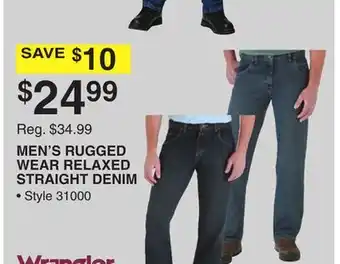 Dunham's Sports Wrangler men's rugged wear relaxed straight denim offer