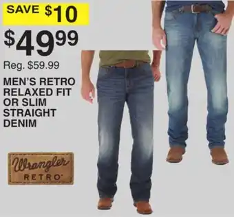 Dunham's Sports Wrangler men's retro relaxed fit or slim straight denim offer