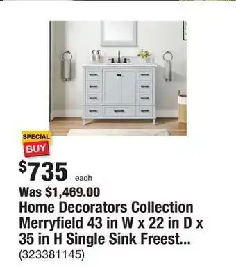 The Home Depot Home decorators collection merryfield 43 in w x 22 in d x 35 in h single sink freestanding bath vanity in dove grey with whit offer