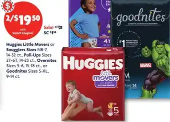 Family Dollar Huggies little movers or snugglers sizes nb-7, 14-32 ct., pull-ups sizes 2t-6t, 14-23 ct., overnites sizes 5-6, 15-18 ct., or offer