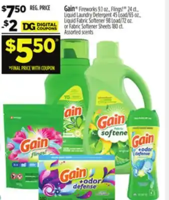 Dollar General Gain fireworks 9.1 oz., flings! 24 ct., liquid laundry detergent 45 load/65 oz., liquid fabric softener 98 load/72 oz. or fab offer