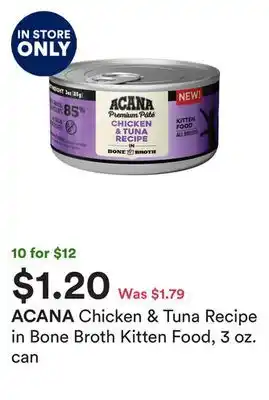 Petco Chicken & tuna recipe in bone broth kitten food, 3 oz. can offer
