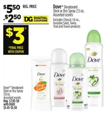 Dollar General Dove deodorant stick or dry spray offer