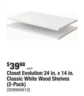 The Home Depot Closet evolution 24 in. x 14 in. classic white wood shelves (2-pack) offer
