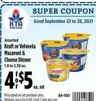 KTA Super Stores Kraft Or Velveeta Macaroni & Cheese Dinner offer