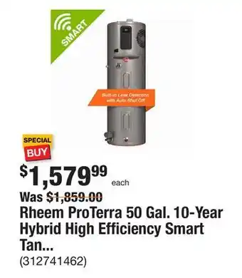 The Home Depot Rheem proterra 50 gal. 10-year hybrid high efficiency smart tank electric water heater with leak detection & auto shutoff offer