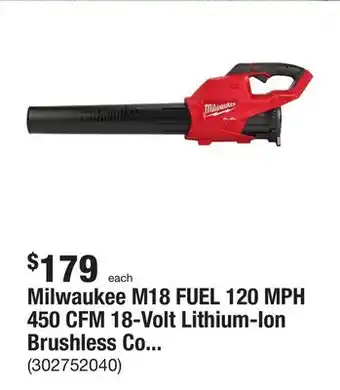 The Home Depot Milwaukee m18 fuel 120 mph 450 cfm 18-volt lithium-ion brushless cordless handheld blower (tool-only) offer