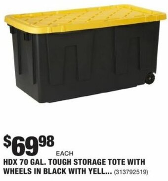 The Home Depot HDX 70 Gal. Tough Storage Tote With Wheels In Black With Yellow LID offer