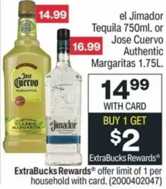 CVS El Jimador Tequila 750ml, Or Jose Cuervo Authentic Margaritas 1.75 L offer