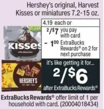 CVS Hershey's Original, Harvest Kisses Or Miniatures 7.2-15 oz offer