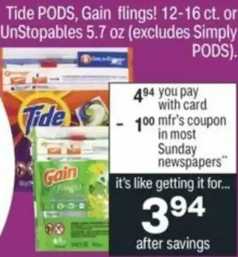 CVS Tide Pods, Gain Flings! Or UnStopables 5.7 oz offer